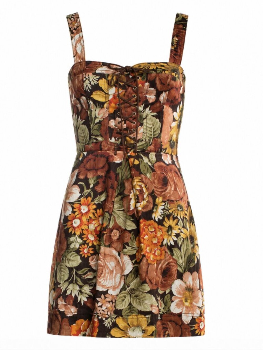 Zimmermann Brown Floral Linen Mini Dress Lace-Up Corset Size 2 (US 8)